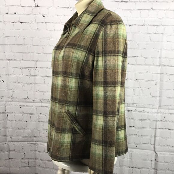 Evan Piccone size 14 Wool Plaid blend Shirt coat, EUC Green Browns Shacket - Picture 3 of 6